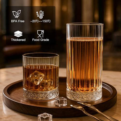 Image of Ruckae Drinking Glasses Set of 8,15 oz and 7 oz Kitchen Water Glass Cups Set,Clear Ribbed Glassware Dishwasher Safe,Mixed Drinkware for Beer,Juice,Cocktail,Whiskey,Milk and Various Mixed Drinks