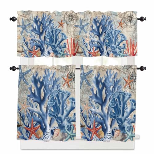 Blue Coral Coastal Kitchen Curtains 36 Inch Length,3 Piece Rod Pocket Small Half Tiers and Valance Set,Summer Beach Vintage Nautical Starfish Small Large Window Treatment Decor for Bedroom/Bathroom