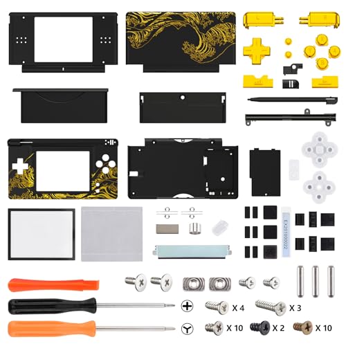 Image of eXtremeRate Replacement Full Housing Shell for Nintendo DS Lite, Custom Handheld Console Case Cover with Buttons, Screen Lens for Nintendo DS Lite NDSL - The Great Golden Wave Off Kanagawa - Black