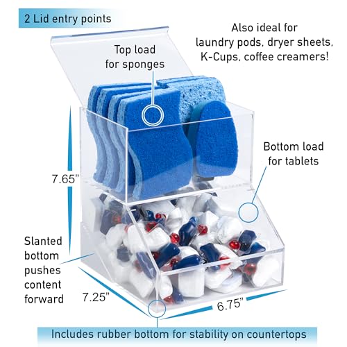 IneVibe Acrylic Dishwasher Pods & Sponge Holder w/Lids - 2 Compartment Container for Storing Detergent Tablets, Dryer Sheets, Laundry Pods for Kitchen Sink Organization