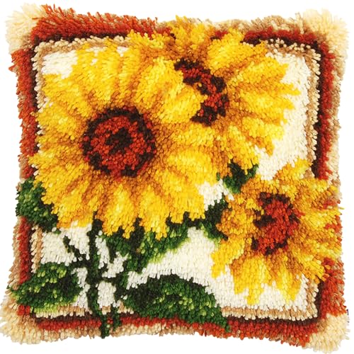 Image of LUBOT 16 inch*16 inch Sunflower Latch Hook Kits for Adults Rug Pillow Cover with Printed Canvas Pattern Crochet Kit for Beginners