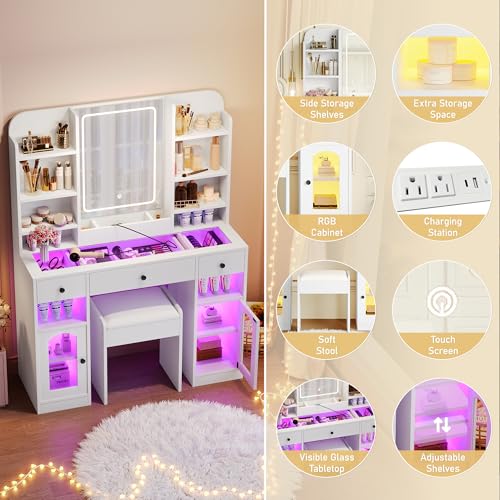 Image of JIVOIT 43.2 inch Vanity Desk with Mirror, Dressing Table with 3 Drawers, Storage Shelves and Stool, 2 Glass Cabinets, Modern Glass Top Vanity with for Bedroom (White,032)