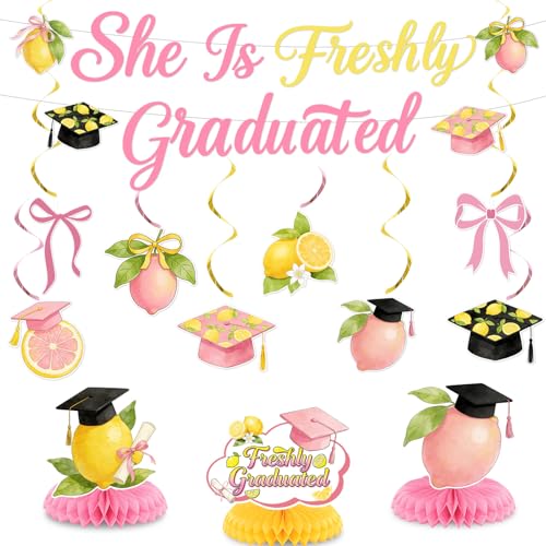 Graduation Party Decorations for Her Lemon Theme She is Freshly Graduated Banner Pink Yellow Graduation Decor Kit Citrus Graduation Party Supplies for Girls Lemonade Bar Class of 2026 Graduation Decorations