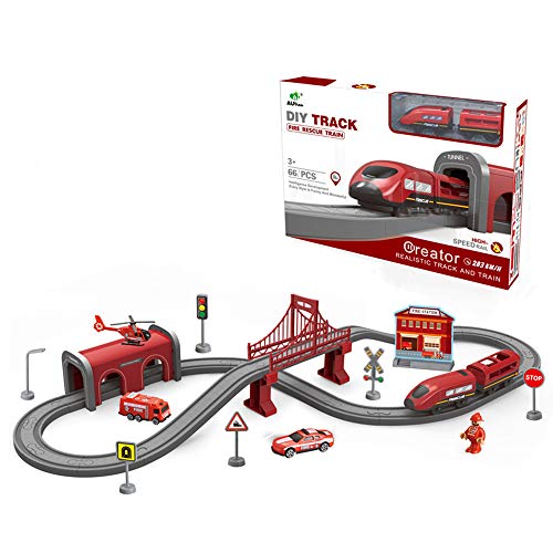 Train Sets for Kids, 66 Pcs, with Bridge, Tunnel and Other Accessories (Red)