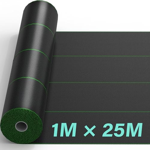 1mx25m Heavy Duty Weed Control Membrane Garden Weed Barrier Fabric for Landscaping Driveway Gravel Artificial Grass Lawn Underlay Woven Roll Ground Cover Weed Block Patios, Garden, Flower Beds Black