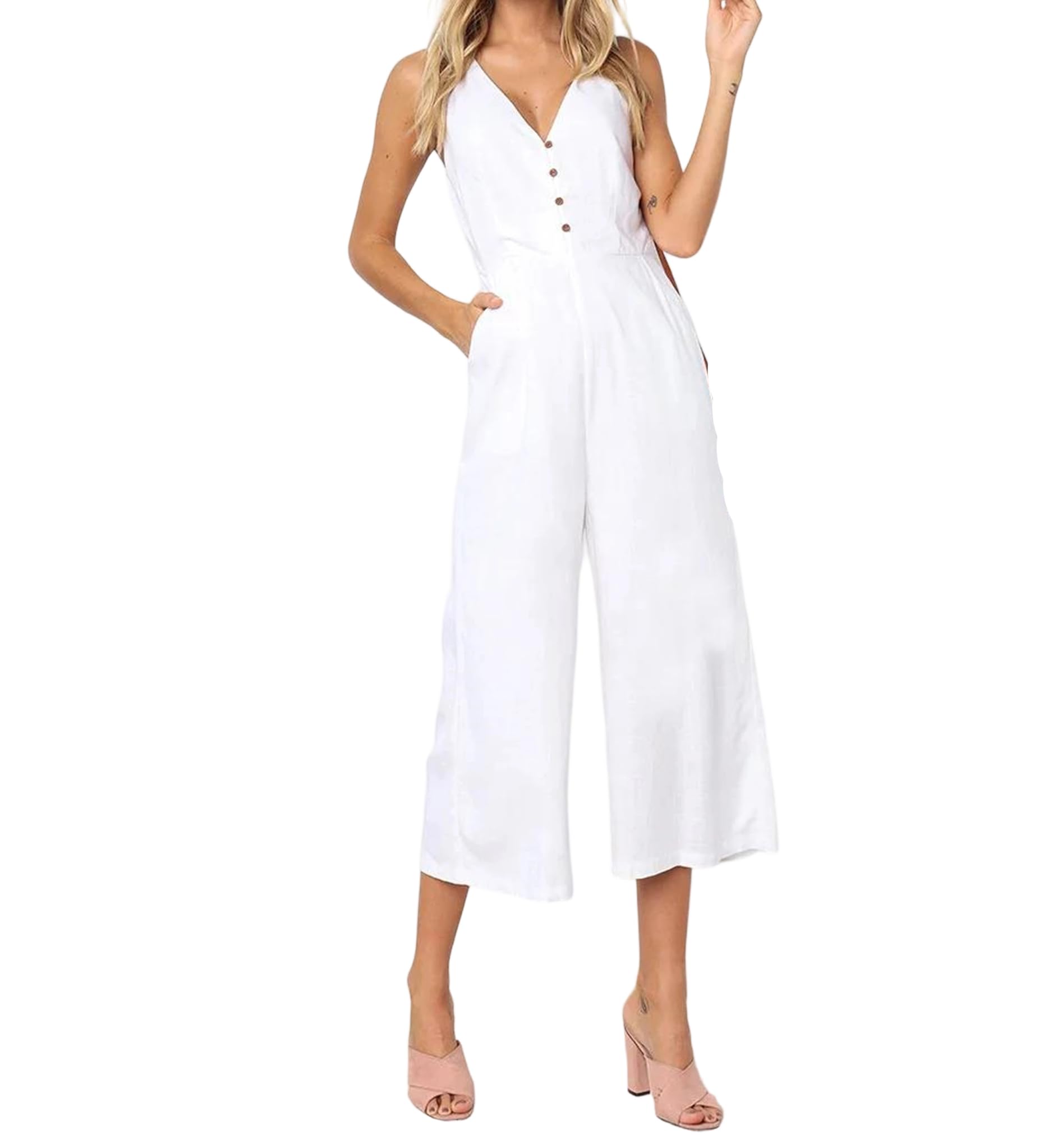 Yeuyyben Overol de verano para mujer, cuello en V, botones frontales, pierna ancha, casual, espalda descubierta, elegante, traje de verano