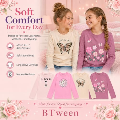 Image of BTween Girls 4 Pack Long Sleeve Graphic T-Shirts Cotton Blend, Fun Vibrant Designs