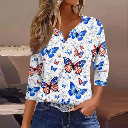 Image of 4th of July Shirts Women 3 /4 Length Sleeve Womens Tops Henley Neck Casual Patriotic T Shirts
