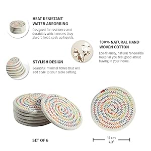 OrganiHaus 4.3" Woven Coasters, Set of 6 Rainbow Tabletop Cute Coasters, Boho Cup Coasters for Drinks, Absorbent Coasters, Farmhouse Coaster for Coffee Table, Rustic Moisture Absorbing Coasters OrganiHaus 43 Woven Coasters Set of 6 Rainbow Tabletop Cute Coasters Boho Cup Coasters for Drinks Absorbent Coasters Farmhouse Coaster for Coffee Table Rustic Moisture Absorbing Coasters