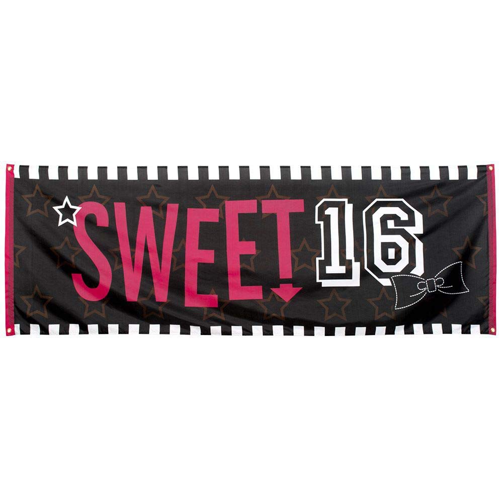 Boland Striscione Decorativo Sweet 16 – 74x220 Cm, Nero Con Stelle E Fiocco, In Poliestere, Per Festa Di Compleanno - 2