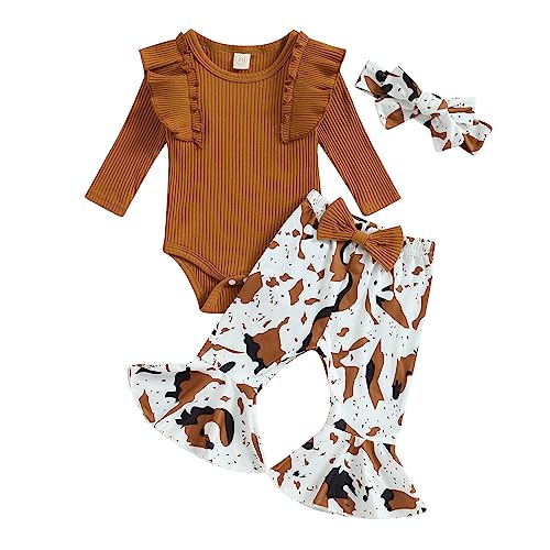 Newborn Baby Girl Clothes Fall Winter Outfit Bell Bottoms Set Ribbed Ruffles Long Sleeve Romper + Print Flare Pants + Headband (Caramel, 12-18 Months)