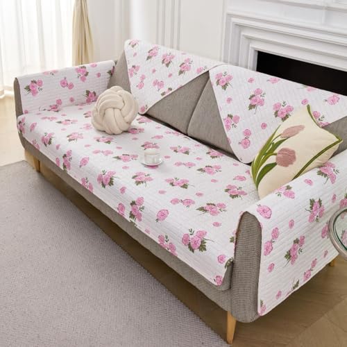 Image of HOMETHREADS Anti-Skid Sofa Protector Mat: Premium Printed Cotton Slipcover with Strong PVC Non-Slip Backing, (White Pink, 1 Seater Large| 90x75cm)