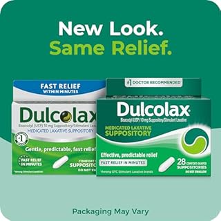 Dulcolax Stimulant Laxative Medicated Suppositories, Predictable & Effective Constipation Relief, Bisacodyl 10 mg, 28 Count, Stimulant Laxatives