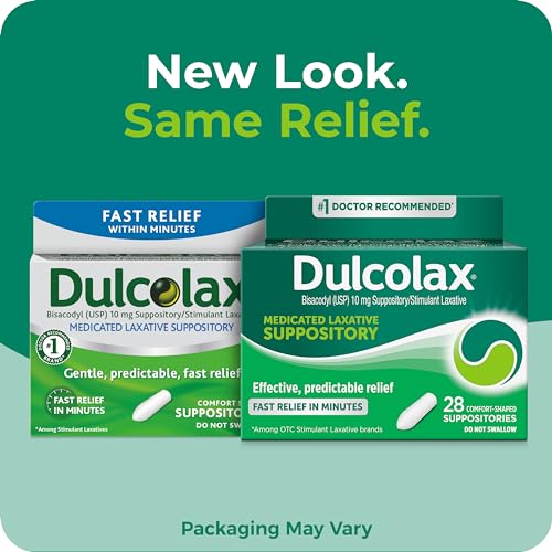 Dulcolax Stimulant Laxative Medicated Suppositories, Predictable & Effective Constipation Relief, Bisacodyl 10 mg, 28 Count, Stimulant Laxatives