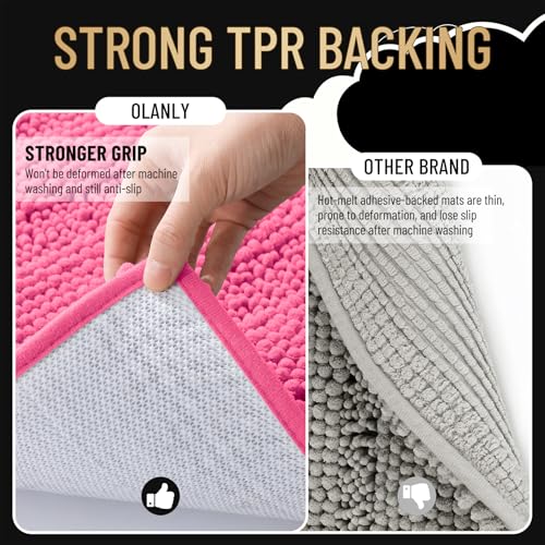 Image of OLANLY Thick Bathroom Runner Rugs 44x24, Extra Absorbent Chenille Striped Bath Rugs, Rubber Backing, Machine Wash Dry, Long Bath Mats for Bathroom, Tub and Shower, Home Decor Accessories, Hot Pink