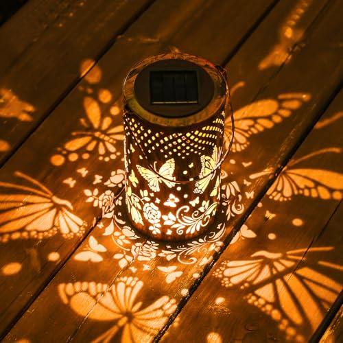 Faroles solares de mariposa para exteriores, luces solares colgantes impermeables para exteriores, linterna solar de metal, regalos de cumpleaños para mujeres, abuelas, mariposas, decoración de jardín