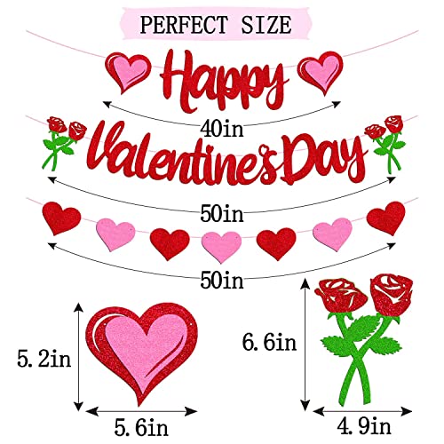Image of FestikoHappy Valentine's Day Banner Romanic Red Heart Garland for Women Girls Valentine's Day Themed Anniversary Wedding Engagement Bridal Shower Party Supplies Glitter Decorations