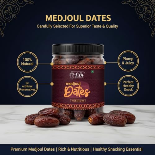 Image of LILA DRY FRUITS Premium Medjoul Dates 100 g (Medjool Date) | Khajoor Rich Source of Potassium & Iron with No Added Sugar or Preservatives | Low GI Energy Snack Khajur Perfect for Gifting