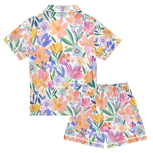 ALAZA Watercolor Flower Blossom Pajamas Satin Pajama Set Short Sleeve Button Down Sleepwear2