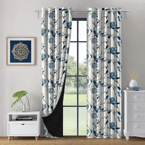 Image of LINENWALAS Printed Blackout Curtains for 7 Feet Door | Set of 2 | Printed Drapes | Thermal Insulated, Room Darkening Panels with Grommet Hanging for Living Room (Tarquoise magnodia)