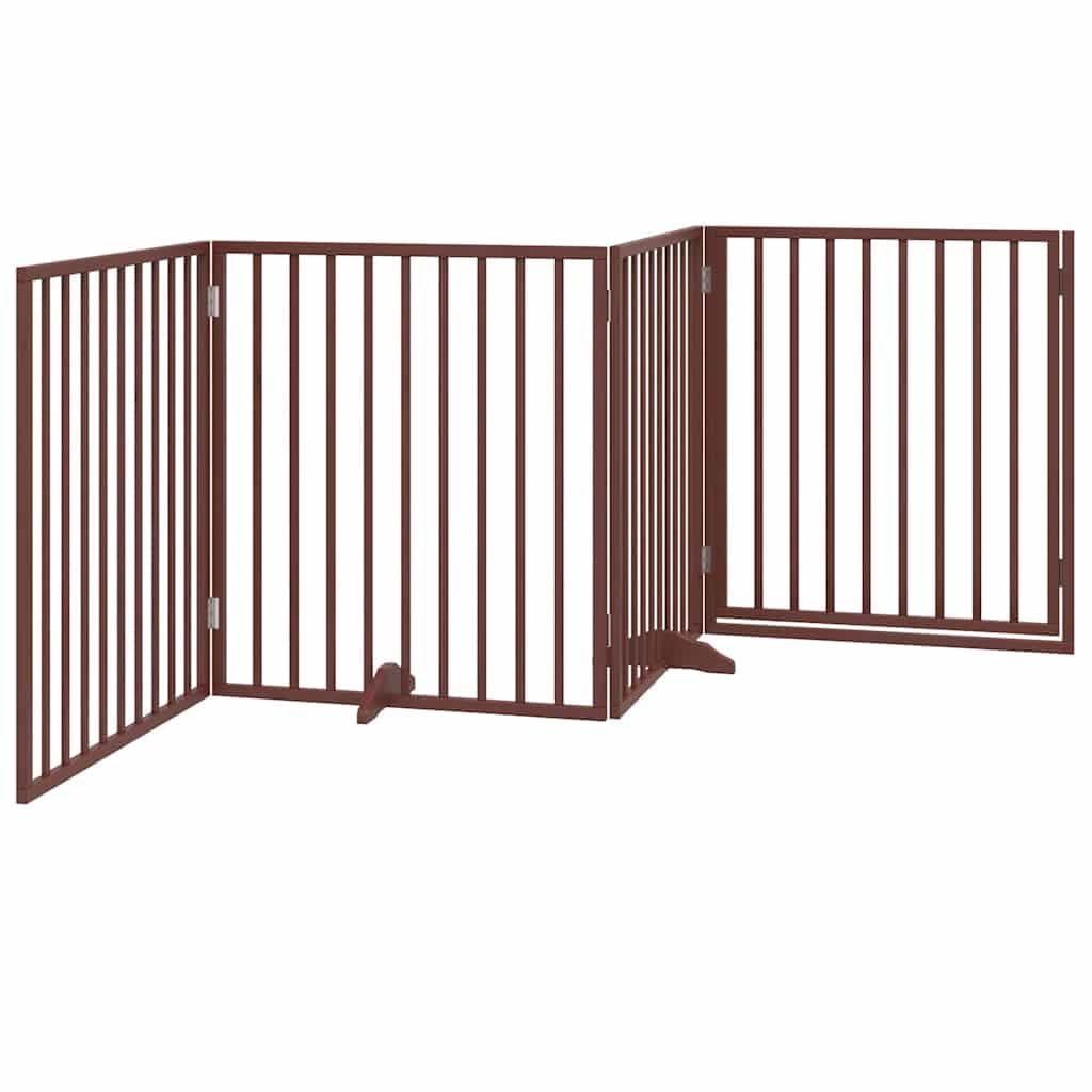 Barrera para perros con puerta plegable, 4 paneles, madera de álamo marrón, 320 cm, independiente, plegable, protección para perros, cachorros, interior y exterior, seguro y portátil