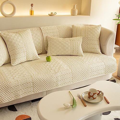 vctops Farmhouse Geometric Embroidered Couch Sofa Cover Cotton Quilted Sectional Couch Cover Non-Slip Sofa Slipcover Furniture Protector for Kids, Dogs, Cats (Cream,28"x70")