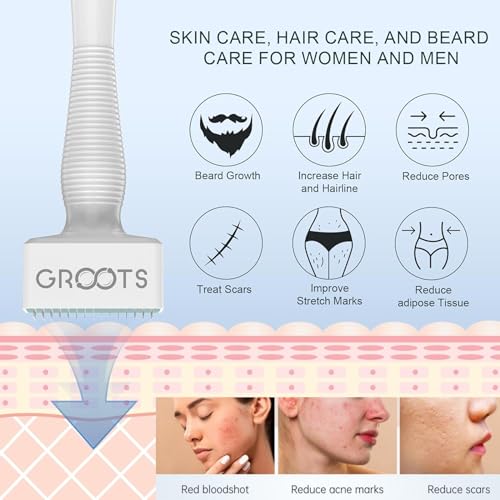 Image of GROOTS Derma Stamp for Hair Growth & Facial Spa | Titanium Coated Adjustable Needles 0.25mm to 3mm | 140 Microneedling Stamp for Skin Repair, Face, Hair & Beard Growth | Reduces Acne Scars | Safe & Effective To Use