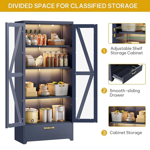 DWVO Display Cabinet with LED Lights, 61" Metal Display Case with Glass Barn Doors for Collectibles, Organizer Cabinet with 3 Adjustable Shelves and Drawer for Living Bedroom, Office, Navy Blue