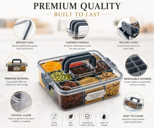 Image of MEKIT Masala box plastic With 9 Compartment | Big Kitchen Stylish Airtight Spice box Container | Transparent Organizer For kitchen storage Dabba (23x23x7cm) Classy Grey