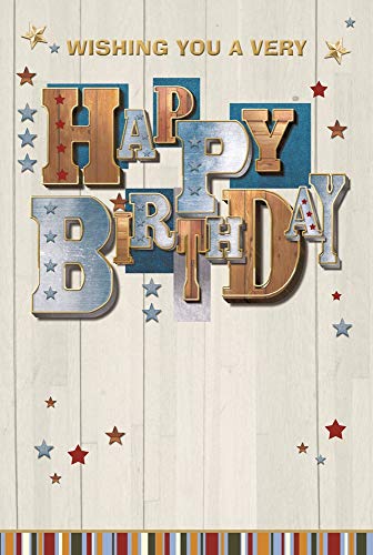 Open Male Birthday Card - Blue Brown Writing with Gold Foil Stars 7.75x5.25"