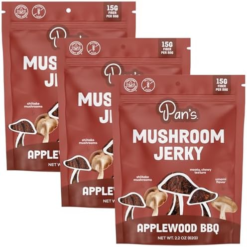 Pan's Mushroom Jerky, Vegan Snacks, Dried Mushrooms Shiitake, Plant based Jerky, Meatless Jerky, Gluten Free, High in Fiber, with Applewood BBQ flavor (2.2 Ounce, Pack of 3)