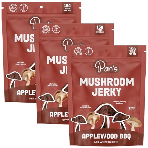 Pan's Mushroom Jerky, Vegan Snacks, Dried Mushrooms Shiitake, Plant based Jerky, Meatless Jerky, Gluten Free, High in Fiber, with Applewood BBQ flavor (2.2 Ounce, Pack of 3)
