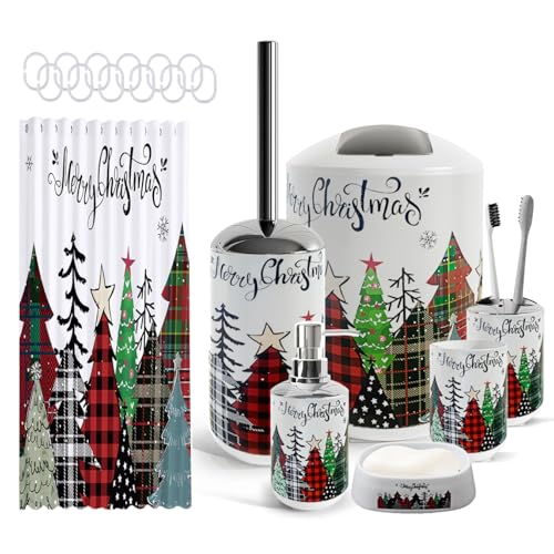 Clara Clark Bathroom Set - Christmas Shower Curtain Set 19PC Bathroom Accessories Set Christmas Bathroom Decor Xmas Bathroom Accessory Set Soap Dispenser Toilet Brush & Trash Can
