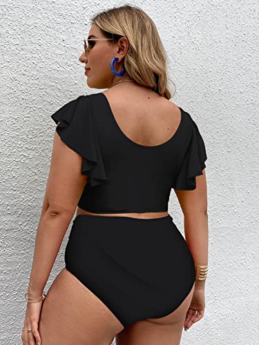 Soly Hux Women's Plus Size Ruffle Trim Floral Print High Waisted Bikini 2 Piece Swimsuits Black Solid 3Xl #TOP1
