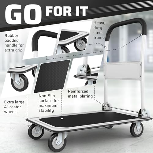 Image of Heavy Duty Foldable Push Cart Dolly | 660 lbs. Capacity | Upgraded Collapsible Hand Truck Folding Platform with Swivel Wheels | Flat Bed Moving Wagon | Space Saving Push Handle (White)