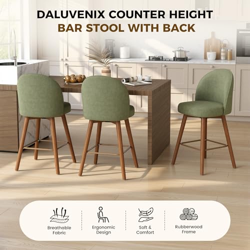 Image of Modern Swivel Bar Stools Set of 4, Chic Upholstered Counter Height(26IN) Bar Chair with Back, Solid Wood Legs and Footrest, Comfortable Chenille Bar Stool for Kitchen Island, Soft Green