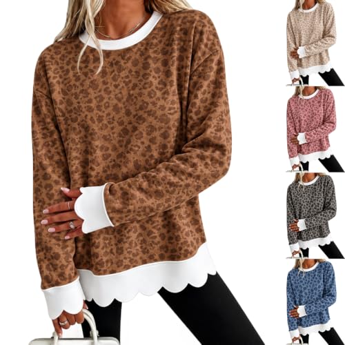 Leopard Print Sweatshirt Womens Patchwork Scalloped Y2K Crewneck Pullovers - image 1