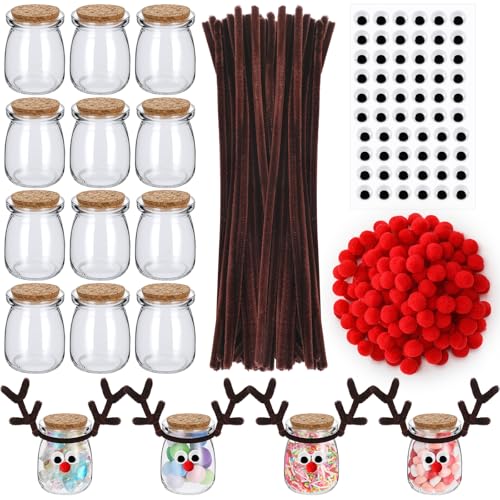 Roshtia 24 Pack Christmas Craft Kit Xmas Reindeer Candy Jar Craft Kit Glass Bottles with Cork, Pipe Cleaners, Googly Eyes & Pom Poms DIY Holiday Treat Containers, Arts Gift Crafts Activity