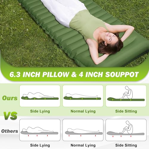 OUTSKIRT Sleeping Pad for Camping with Built-in Foot Pump, 4” Extra Thickness Inflatable Sleeping Pad, Lightweight & Ultra-Comfort Camping Mat for Hiking, Backpacking and Outdoor Adventures, Green