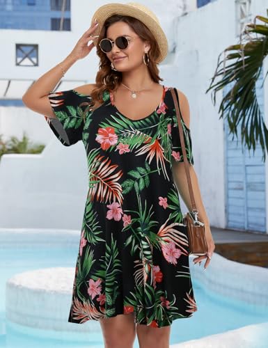 Image of JollieLovin Womens Plus Size Short Sleeve Cold Shoulder V Neck T-Shirt Dress with Pockets