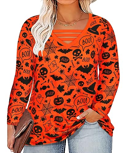 TIYOMI Plus Size Womens Halloween Shirts 2X V Neck Orange Pumpkin Tops Criss Cross Shirts Bat Skull Long Sleeve Pullover Spring & Fall & Winter Tee 2XL 18W 20W