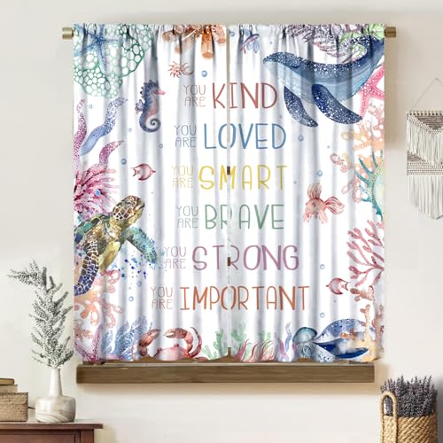 Kids Sea Animal Curtains, Funny Fairy Tales Colorful Inspirational Quotes Ocean Whale Coral Starfish Drapes For Child, Blackout Rod Pocket Window Treatments for Living Room Bedroom Bathroom 42x45in