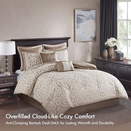 Image of Madison Park Odette Cozy Comforter Set Jacquard Damask Medallion Design - Modern All Season, Down Alternative Bedding, Shams, Decorative Pillows, Queen(90 in x 90 in), Tan 8 Piece