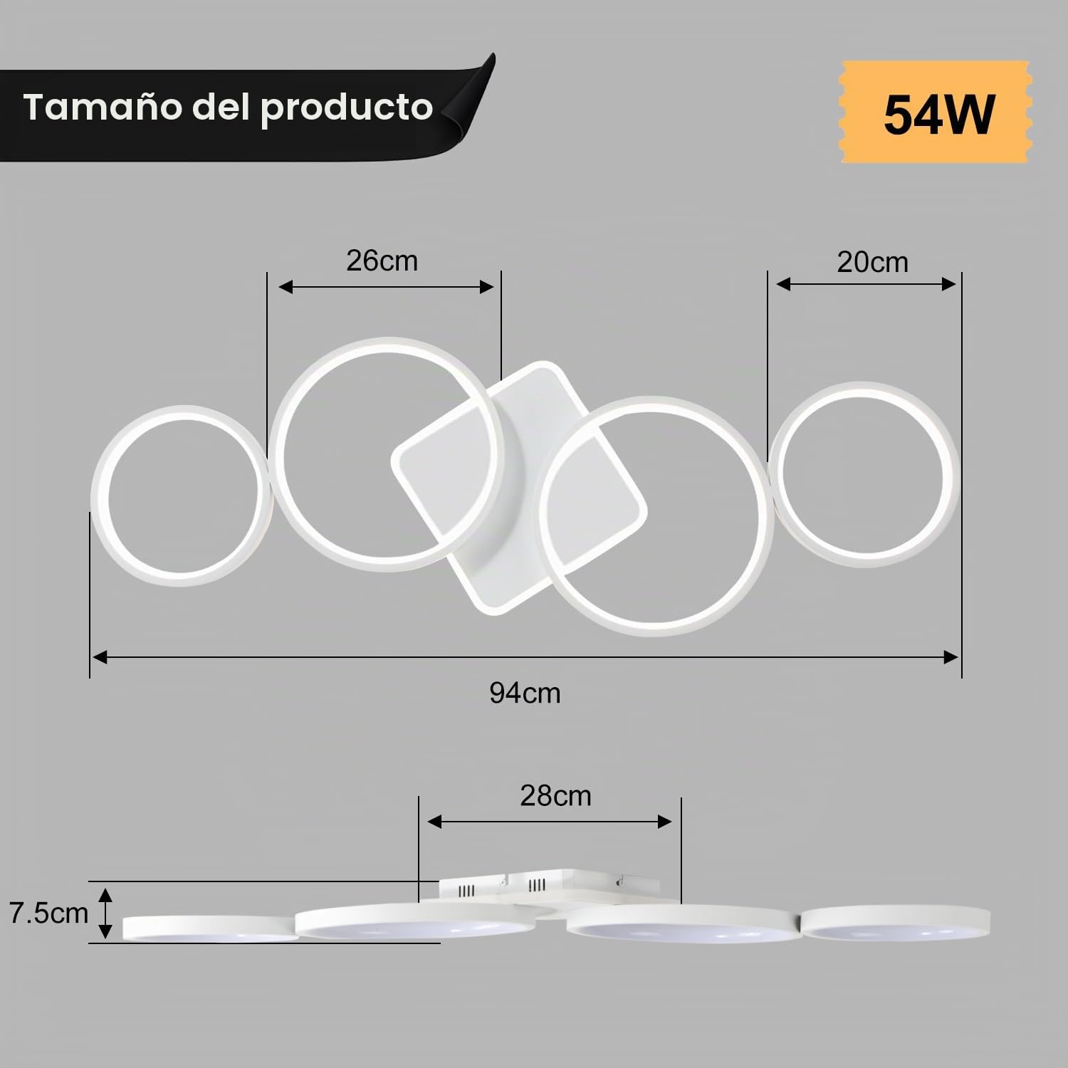 94cm Lámpara de Techo LED Regulable Lampara Techo 54W Blanco | Lámpara de Dormitorio con Mando a Distancia APP, Iluminación de Techo Moderna con Redonda de 4 Anillos para Salón
