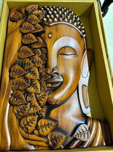 Image of Handcrafted Buddha Wall Art With Leaf, Home Decor Piece, Wall Decor, Wall Hanging sculpure|| Buddha face home decor (Wooden Brown),