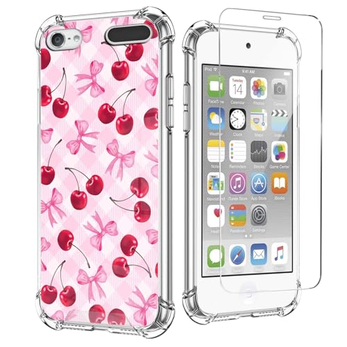 KANGHAR for iPod Touch 7/6/5 Case, Pink Cherry Bow Pattern with Screen Protector Soft TPU Bumper Shockproof Cover for iPod Touch 5th/6th/7th Generation