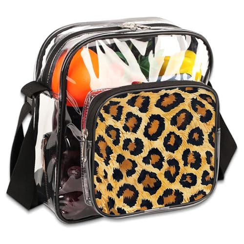 Clear Crossbody Bag Stadium Approved Animal Leopard Print Transparent Bag for Festivals, Sports Events, Concerts,Beach Bag for Women Men Clear Purse with Front Pocket Messenger Bag