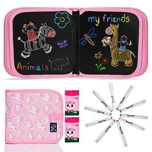 JOYUE Enfant Licorne Doodle Planches, Enfant Tableau de Dessin Effaçable Enfant Dessin Livre, Jouets Educatifs, Jouets Dessin Double Face avec 12 Stylos Effaçables Colorés (14 Pages)