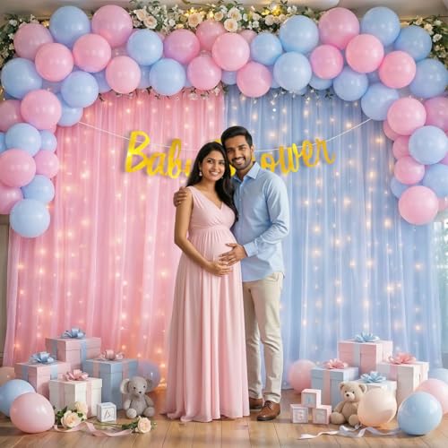 Image of Party Propz Baby Shower Backdrop Decoration - 47 Pcs Baby Shower Decorations Kit with Banner, Light, Backdrop Curtain, Balloon Decoration Kit, Mom to Be (Net, Latex)