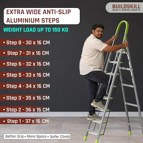 Image of BUILDSKILL Aluminium Ladder for Home 8 Steps | 37x16cm Wide Anti-Slip Aluminium Steps | Stainless Steel Body | Handrails | Load 150 Kg | Foldable Lightweight 9.85KG Ladder for Kitchen, Office & Home